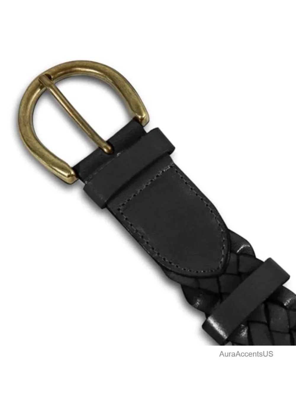 Genuine Leather Braided Belt with Antique Brass Buckle - Women's Fashion